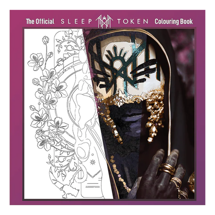 Sleep Token Colouring Book cover with a hand holding a mask and a coloring page.
