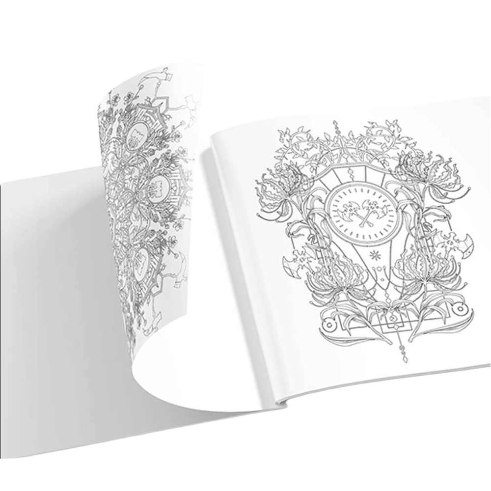 Coloring book with intricate black and white designs on a white background