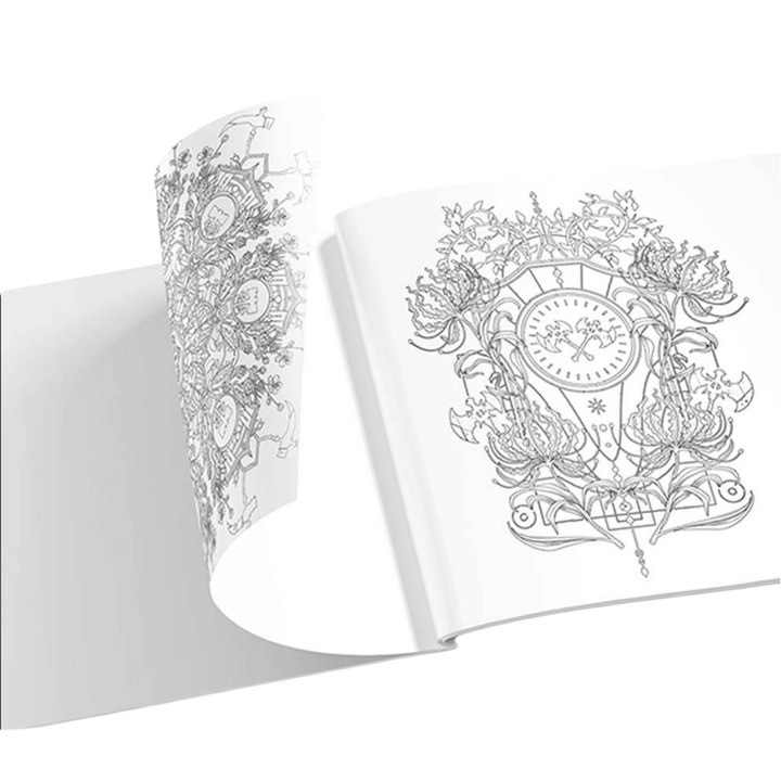 Coloring book with intricate black and white designs on a white background