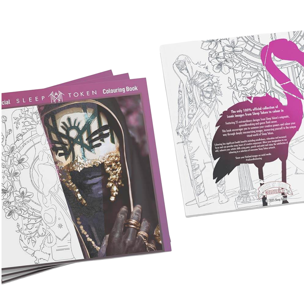 Sleep Token colouring book with a flamingo design on a white background
