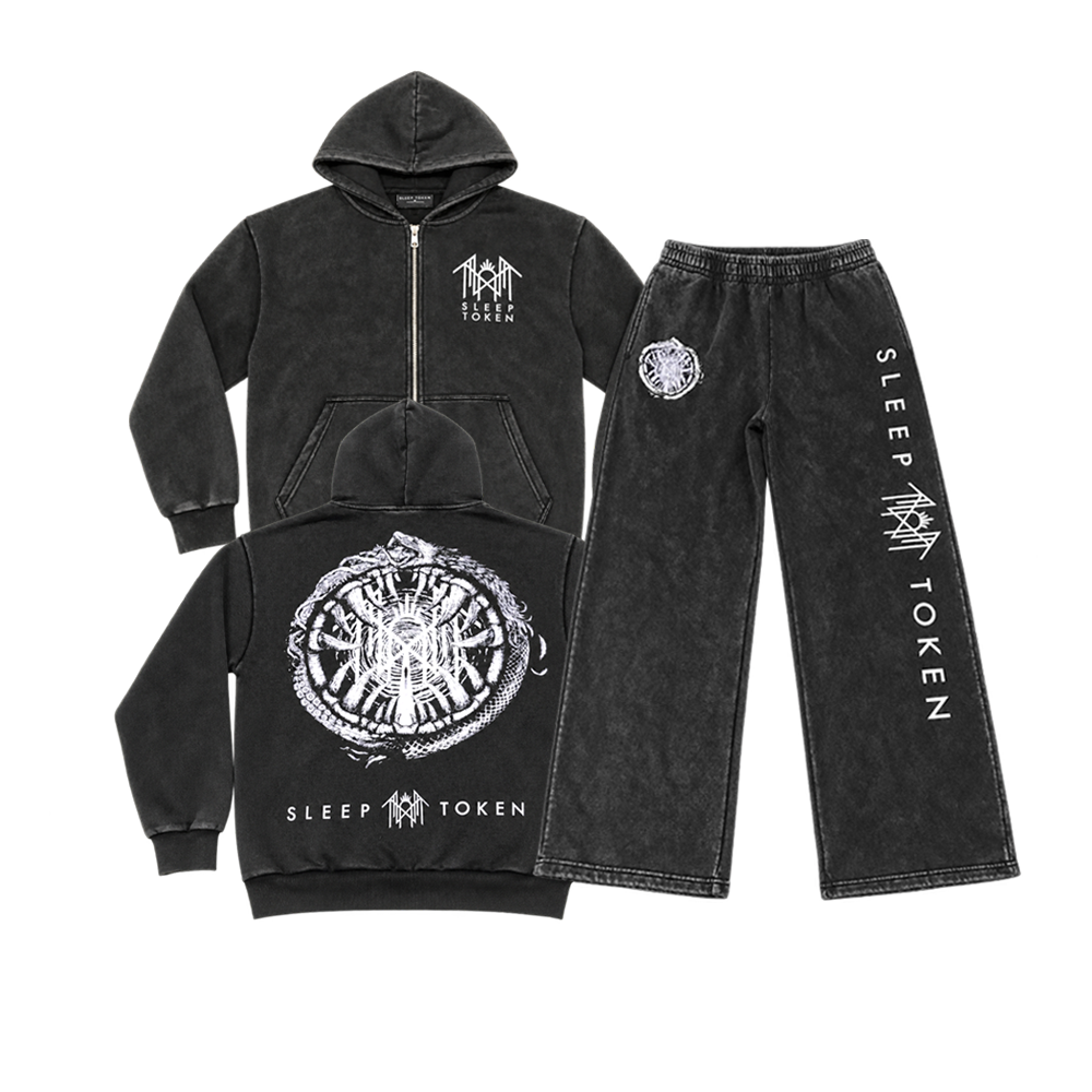 A three-piece black acid-wash hoodie and sweatpants set with white graphic prints, displayed against a solid white background.
