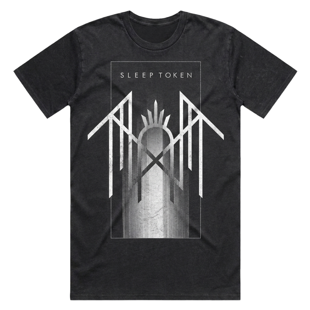 Black t-shirt with white graphic design and 'Sleep Token' text on a white background