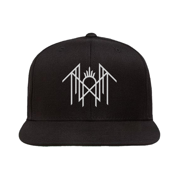 Black cap with a white logo on a white background