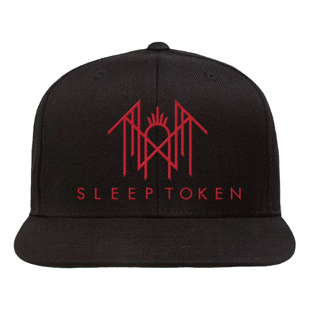 A black flat-brim snapback cap featuring a red embroidered geometric logo and the text 'SLEEP TOKEN' on the front panel, set against a plain white background.
