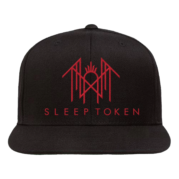 A black flat-brim snapback cap featuring a red embroidered geometric logo and the text 'SLEEP TOKEN' on the front panel, set against a plain white background.