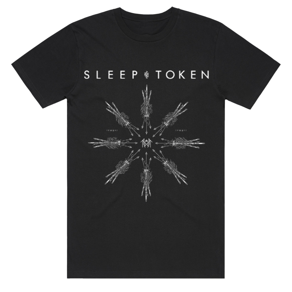 A black short-sleeve crewneck t-shirt featuring the white text 'SLEEP TOKEN' and a detailed white geometric starburst graphic on the front, displayed against a solid white background.