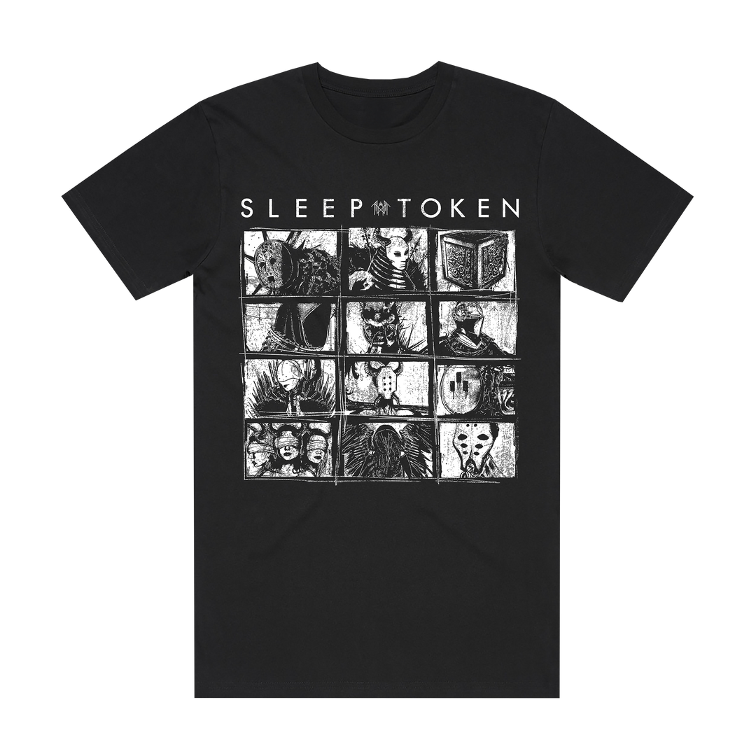 A black short-sleeve t-shirt with a white graphic print on the front. The print features the text 'SLEEP TOKEN' above a 3x4 grid of black and white illustrated panels showing various surreal imagery.
