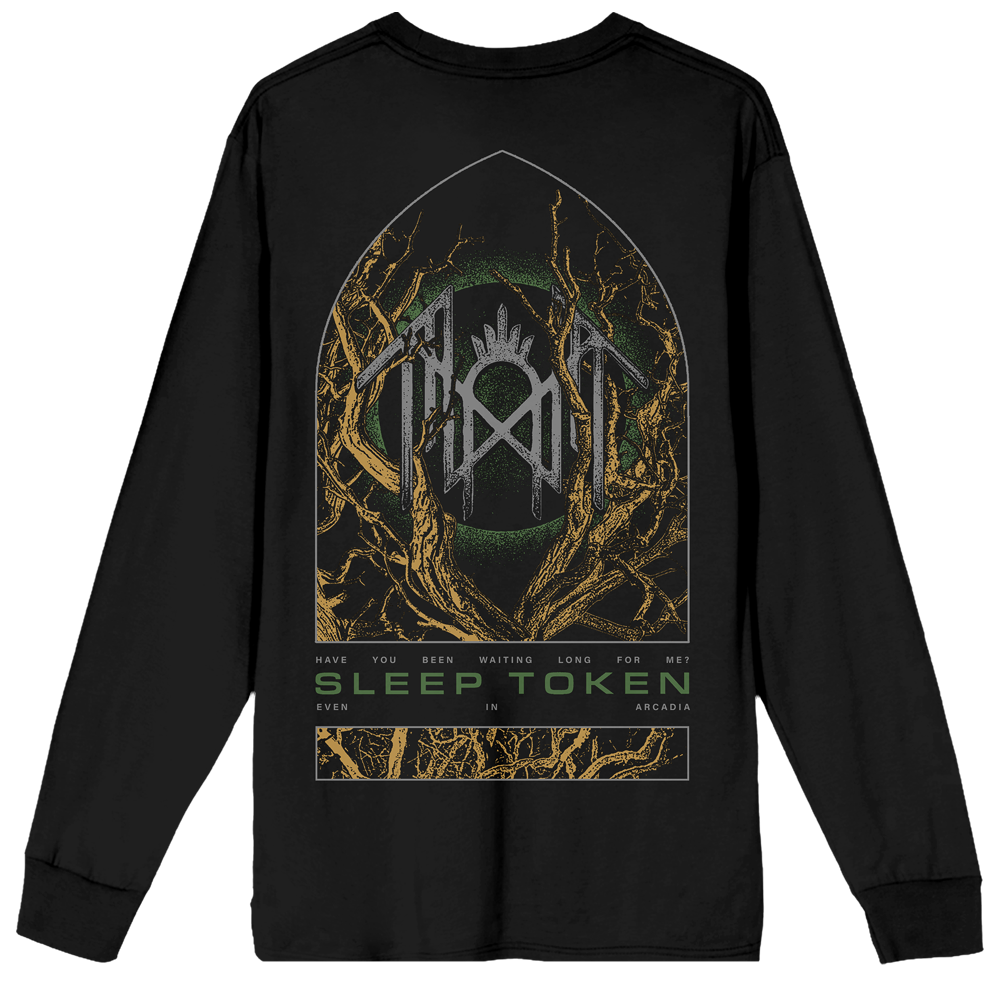 Black long-sleeve band t-shirt featuring a large back graphic for the metal band Sleep Token, showing their logo inside an arch with gold tree branches and the text 'SLEEP TOKEN' and 'HAVE YOU BEEN WAITING LONG ENOUGH TO STOP'.