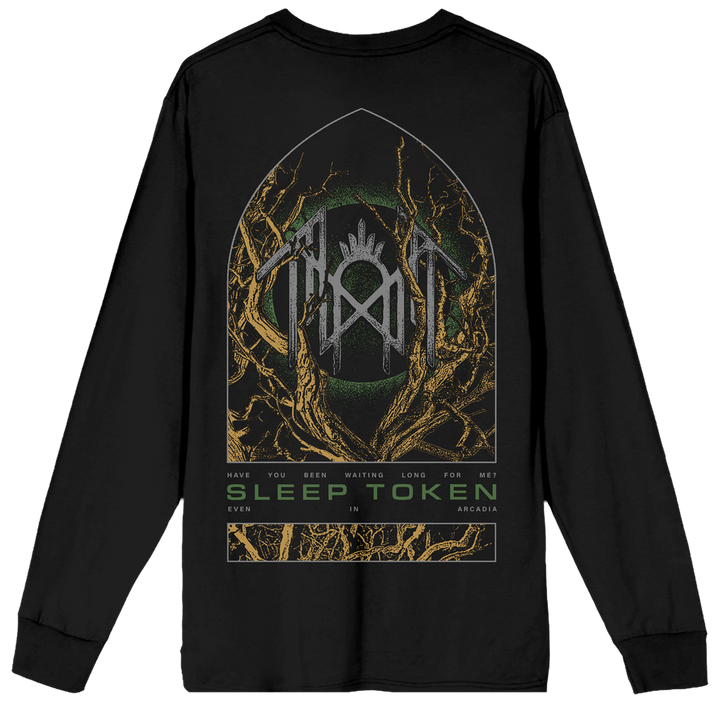 Black long-sleeve band t-shirt featuring a large back graphic for the metal band Sleep Token, showing their logo inside an arch with gold tree branches and the text 'SLEEP TOKEN' and 'HAVE YOU BEEN WAITING LONG ENOUGH TO STOP'.