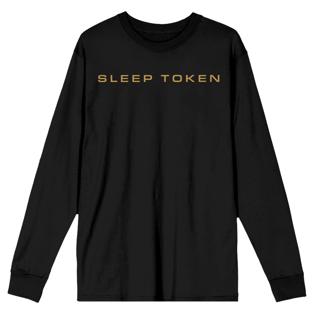 A black long-sleeve crewneck shirt with 'SLEEP TOKEN' printed in gold capital letters across the chest, displayed on a solid white background.