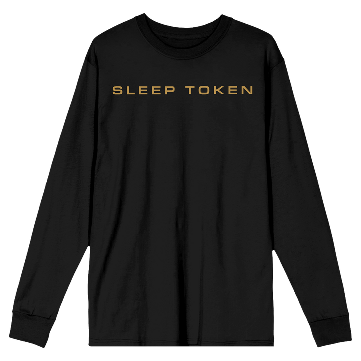 A black long-sleeve crewneck shirt with 'SLEEP TOKEN' printed in gold capital letters across the chest, displayed on a solid white background.