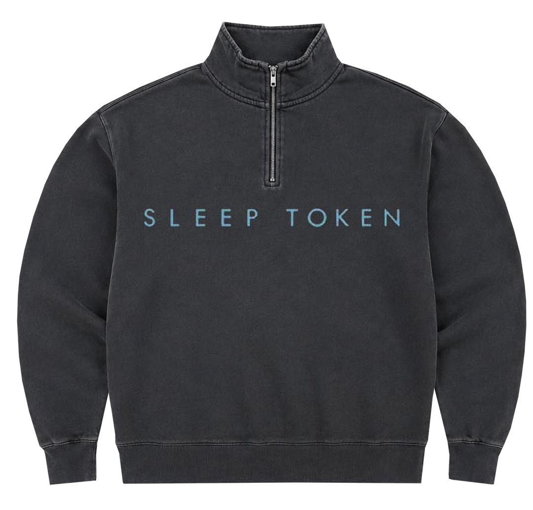 A dark gray washed quarter-zip sweatshirt with 'SLEEP TOKEN' printed in light blue across the chest, displayed on a solid white background.