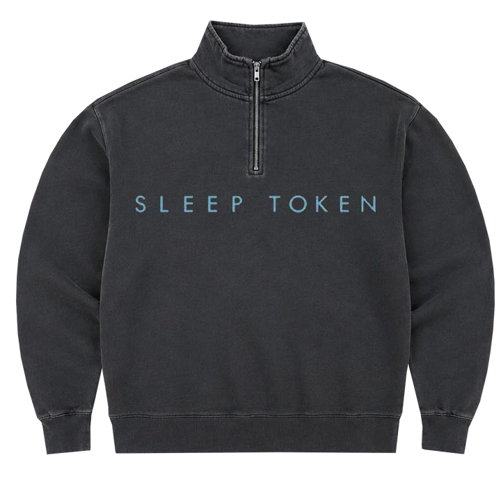 A dark gray washed quarter-zip sweatshirt with 'SLEEP TOKEN' printed in light blue across the chest, displayed on a solid white background.