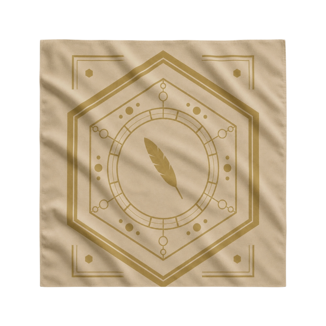 A square beige fabric item, likely a bandana or napkin, featuring a gold geometric design with a central feather motif inside a hexagonal frame.