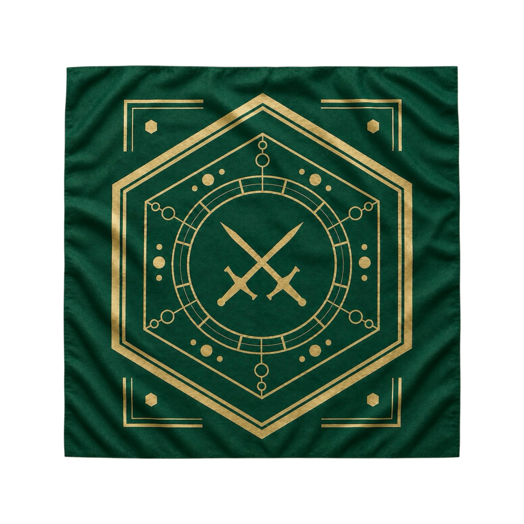 A square dark green bandana or scarf featuring a gold geometric emblem with crossed swords in the center, displayed flat against a white background.