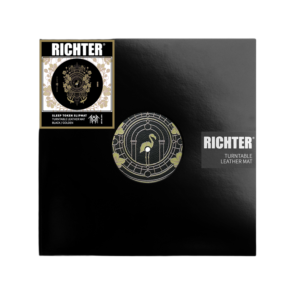 Richter turntable leather mat with branding and design on a black background