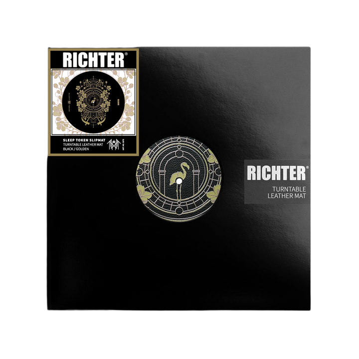 Richter turntable leather mat with branding and design on a black background
