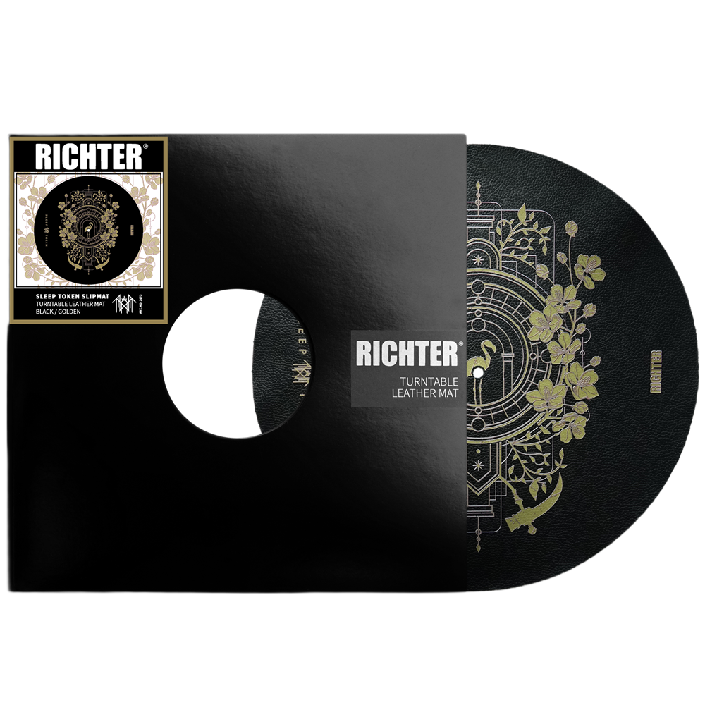 Black turntable mat with gold design and Richter branding on a white background