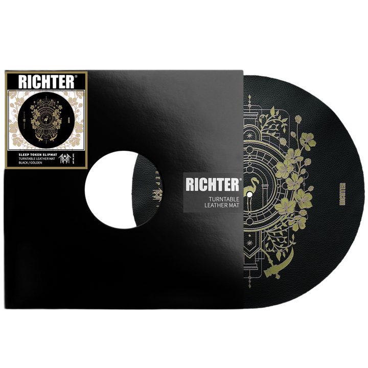Black turntable mat with gold design and Richter branding on a white background