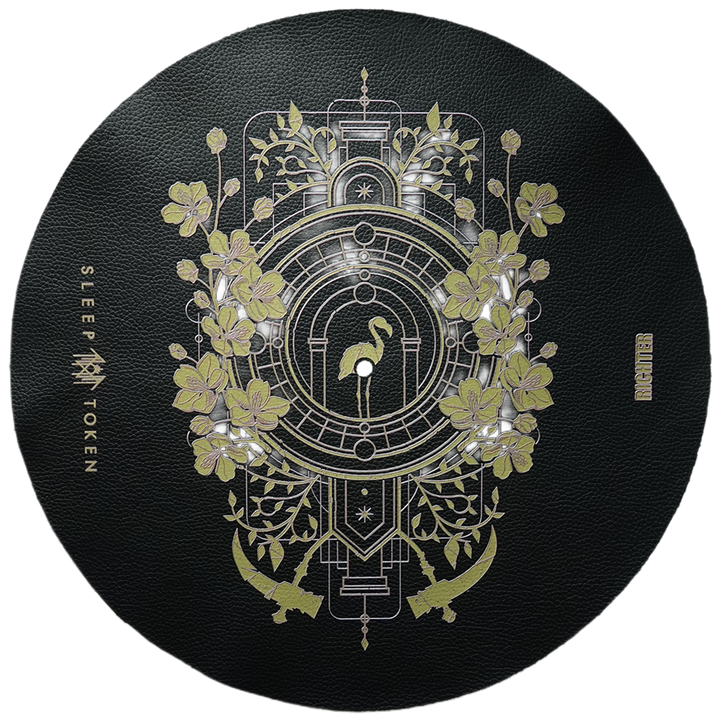 Decorative black mat with gold floral and architectural design, featuring 'Sleep Token' branding.