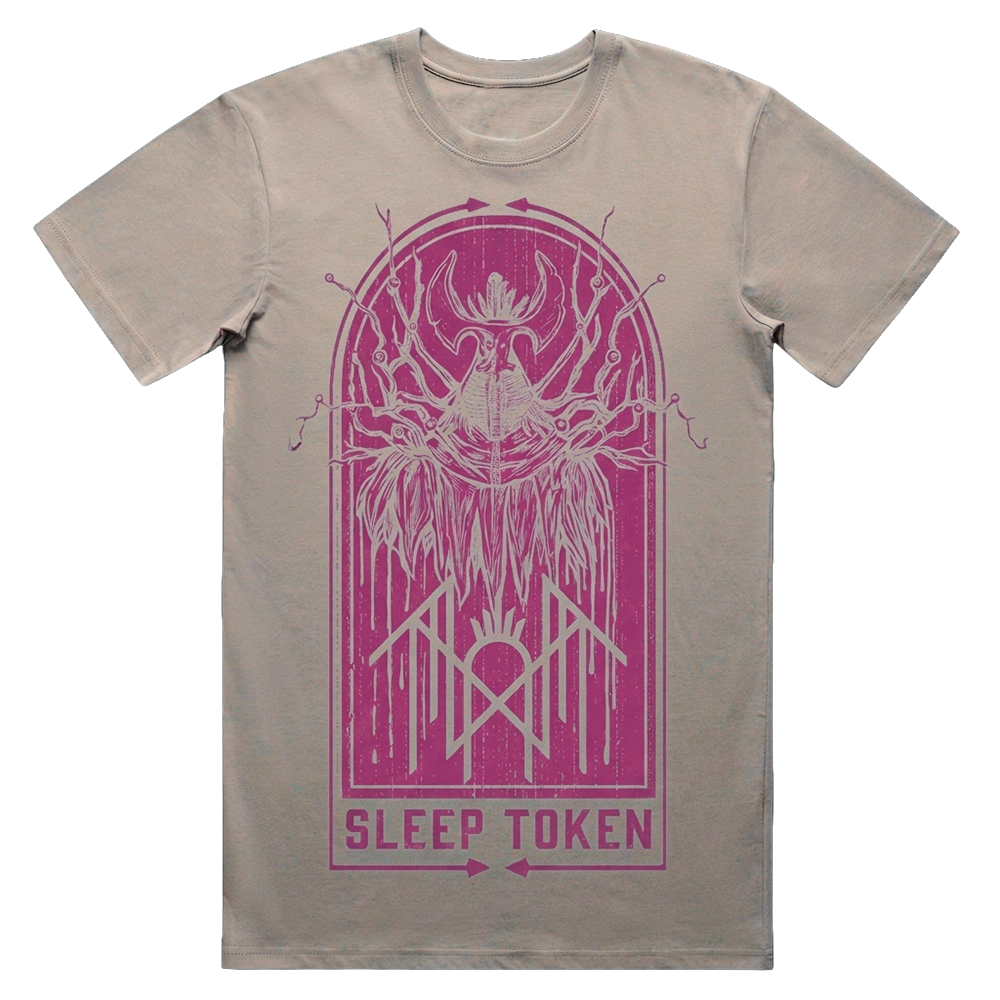 Sleep Token Merch Vertebrae 33 E Magenta Silver Tee – T-Shirt, magenta skull graphic, magenta and silver