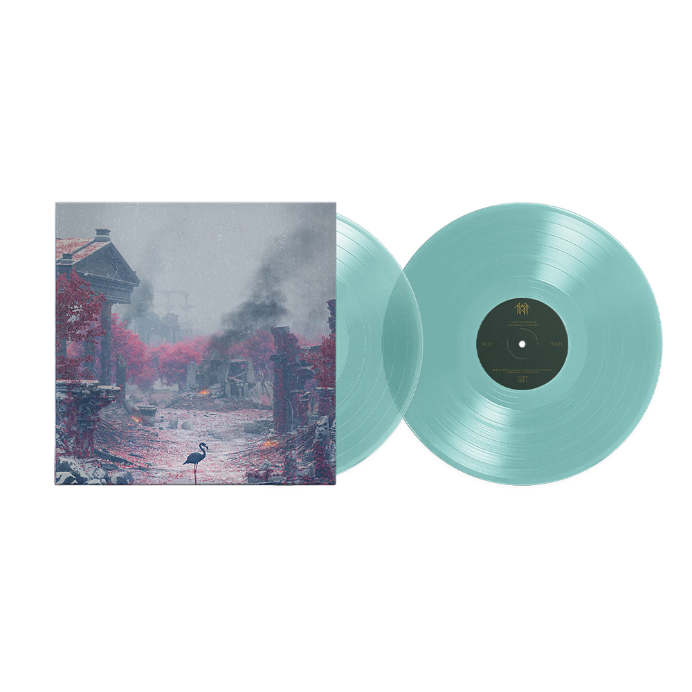 Clear vinyl record with a cover featuring a scenic design on a white background