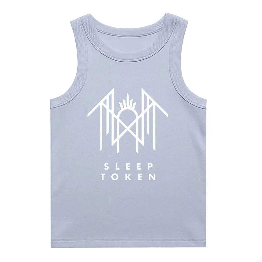 A light blue sleeveless tank top with a white graphic print of a stylized winged cross and the words 'SLEEP TOKEN' on the front, displayed against a solid white background.
